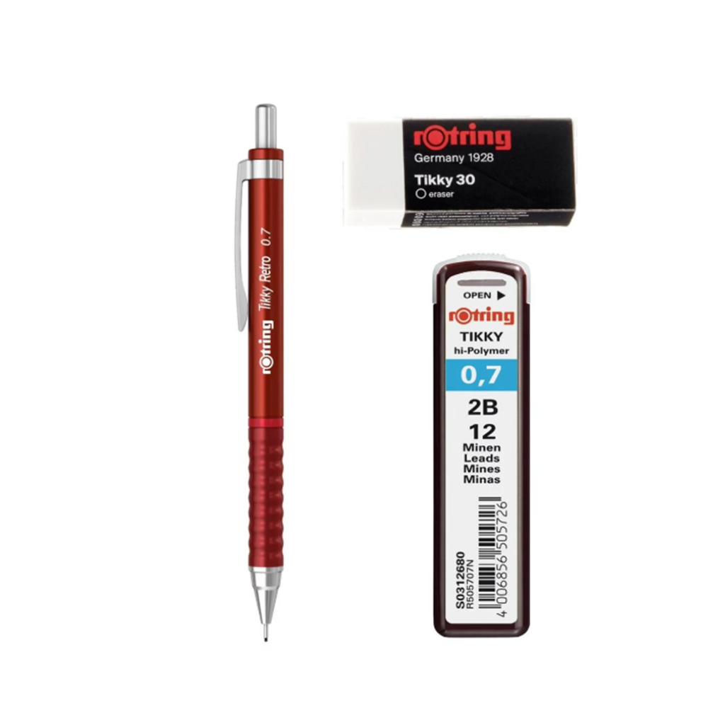 Rotring TİKKY RETRO VERSATİL KALEM 07MM KIRMIZI (KALEM+SİLGİ+MİN)